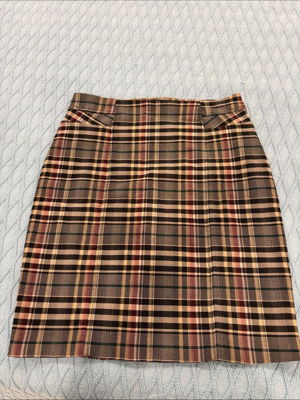 Tribal Plaid Pencil Skirt in Brown, Tan and Red Stripe